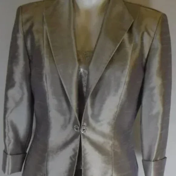 Cache Dresses | Cachet Silver Satin Formal Long Sheath Dress Jacket 2 Pc Set - Sz 12 | Color: Silver | Size: 12 | Tavarestammy's Closet